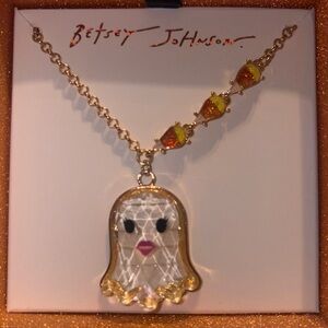 BETSEY JOHNSON GOLD TONE CLEAR ACRYLIC GHOST NECKLACE WITH CANDY CORNS ON CHAIN